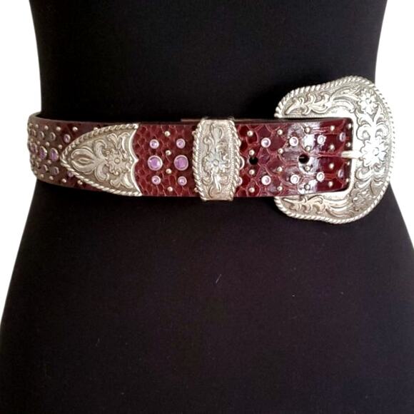 Ariat Burgundy Leather Bling Belt 32 Crystal Reptile Print Tooled Buckle Western - Picture 1 of 11